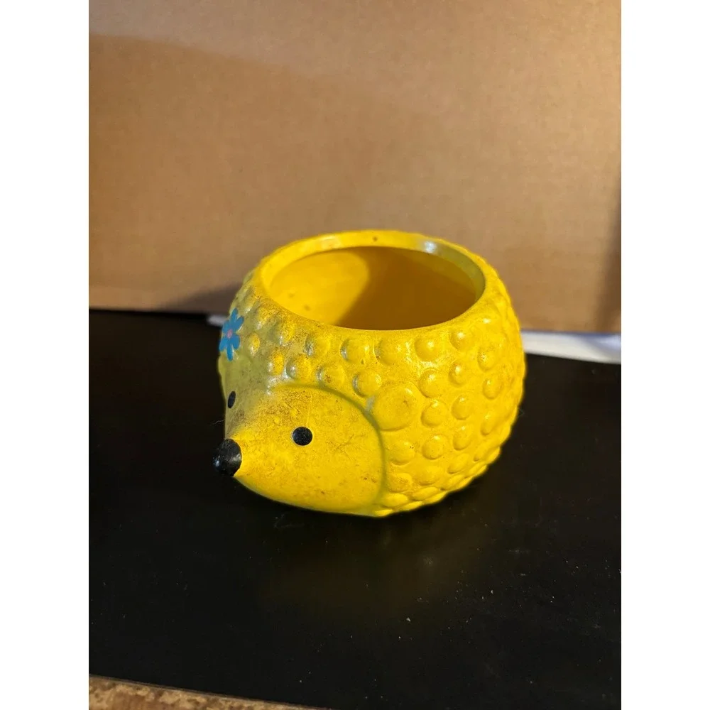 Vintage Rocket Farms Yellow Hedgehog Ceramic Mini Planter Succulent Pot Blue...